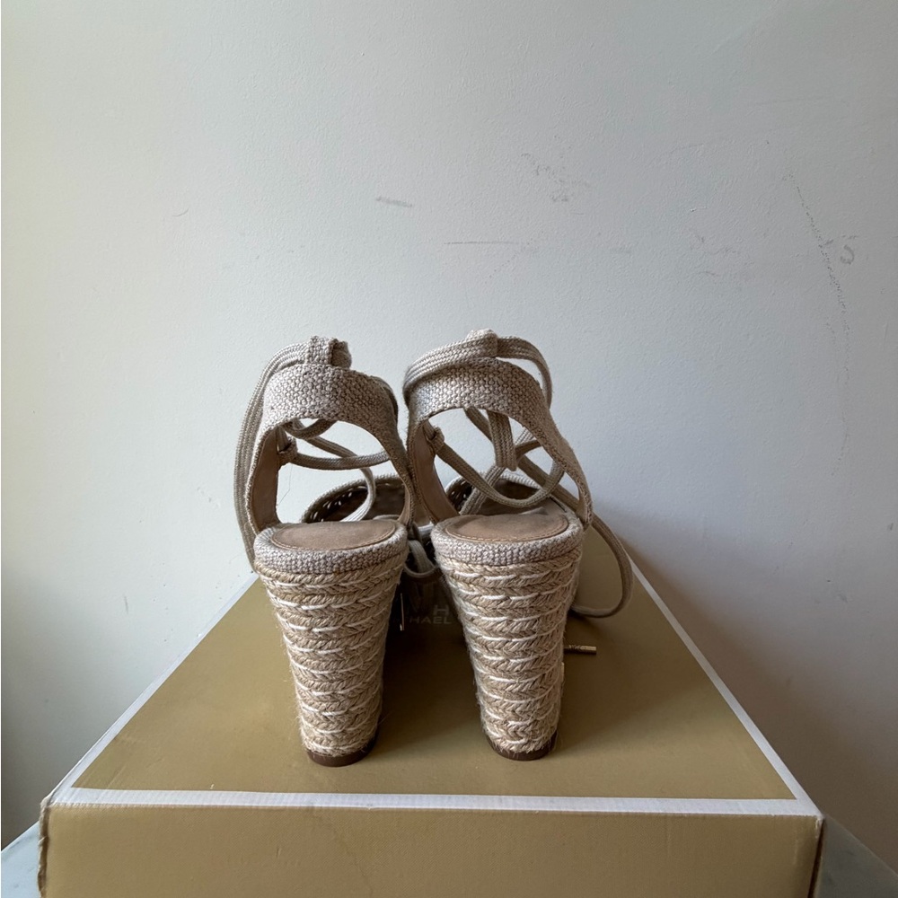 Michael Kors Natural Beige Woven Cotton Espadrille Wedge Sandals - Picture 4 of 6